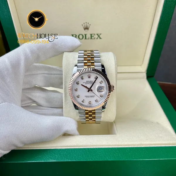 Đồng hồ Rolex Datejust 116231 Oyster Perpetual trắng sứ cọc số kim cương bọc vàng Vip